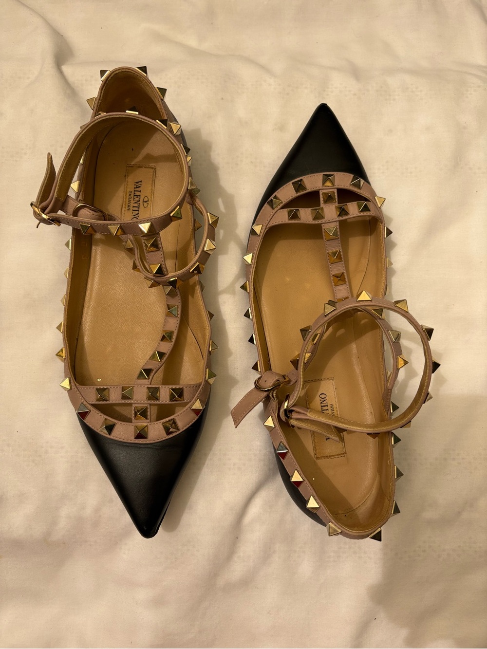 Valentino Black Pointed T-Strap Flats with Nude Rockstuds